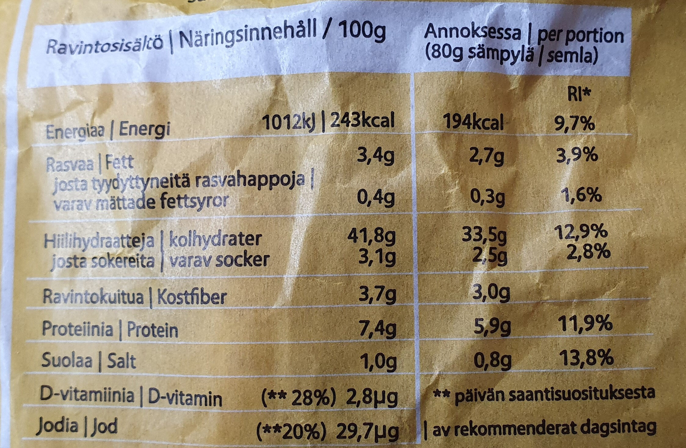 Kaurasipuli-sämpylä - Nutrition facts - fi