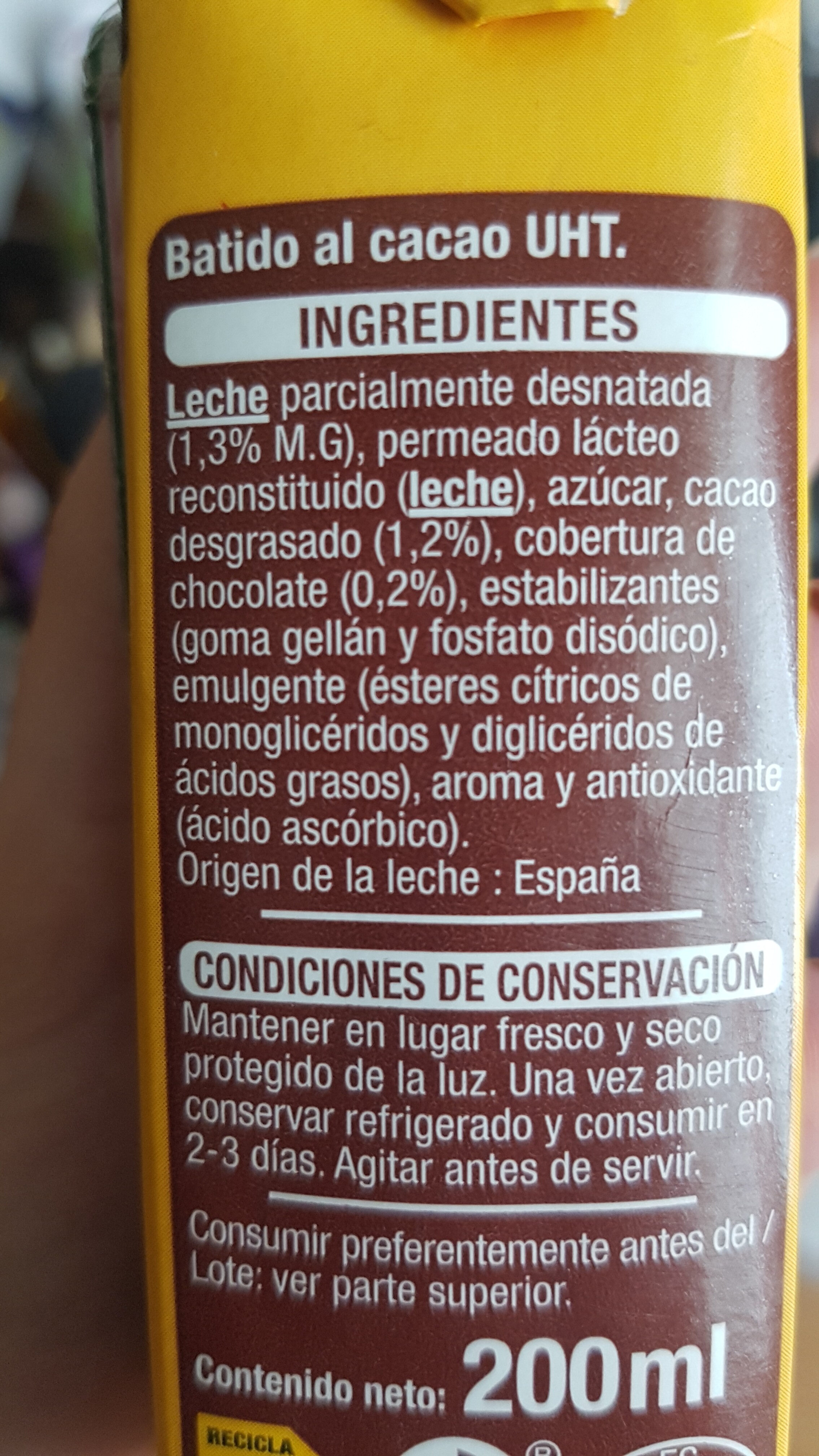 Batido al cacao - Ingredients - es