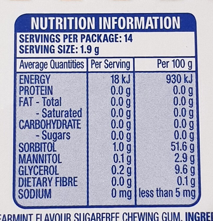 Wrigley's Extra Spearmint Chewimg Gum - Nutrition facts