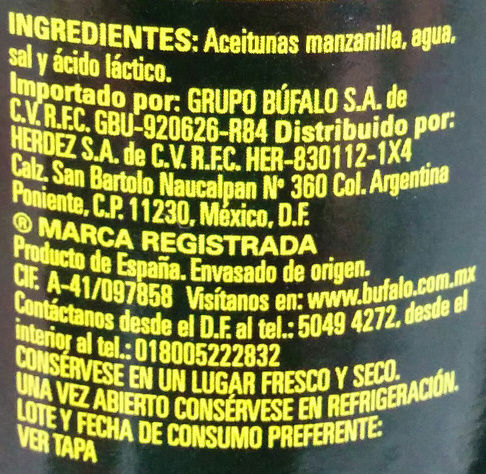 Aceitunas deshuesadas Búfalo - Ingredientes