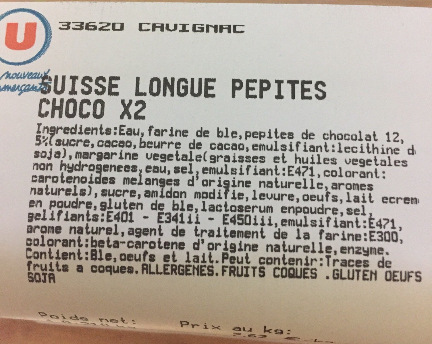 Suisse Longue Pepites choco x2 - Ingredients - fr