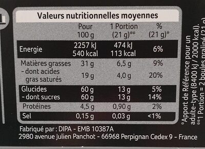 Boules praliné - Información nutricional - fr