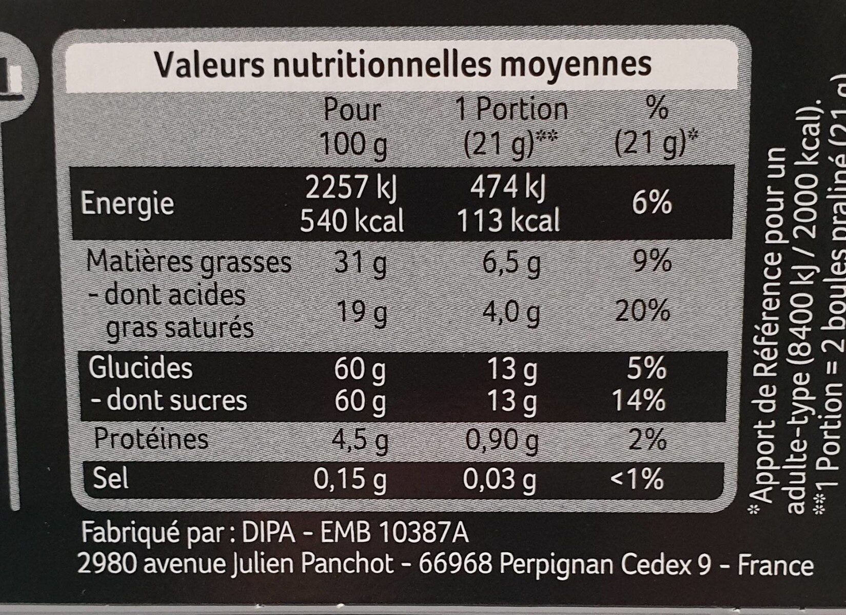 Boules praliné - Información nutricional - fr