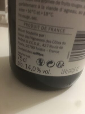 Côtes du Rhône Villages 2016 - Tableau nutritionnel
