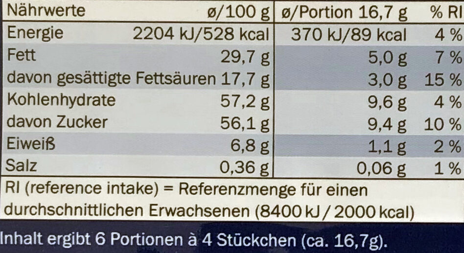 Schokolade Alpenvollmilch - Nährwertangaben