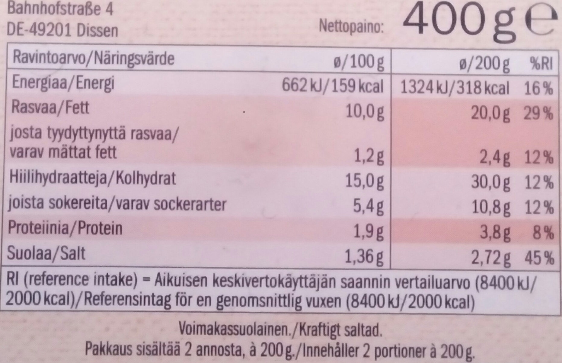 Chef Select Potato Salad with bacon - Näringsfakta