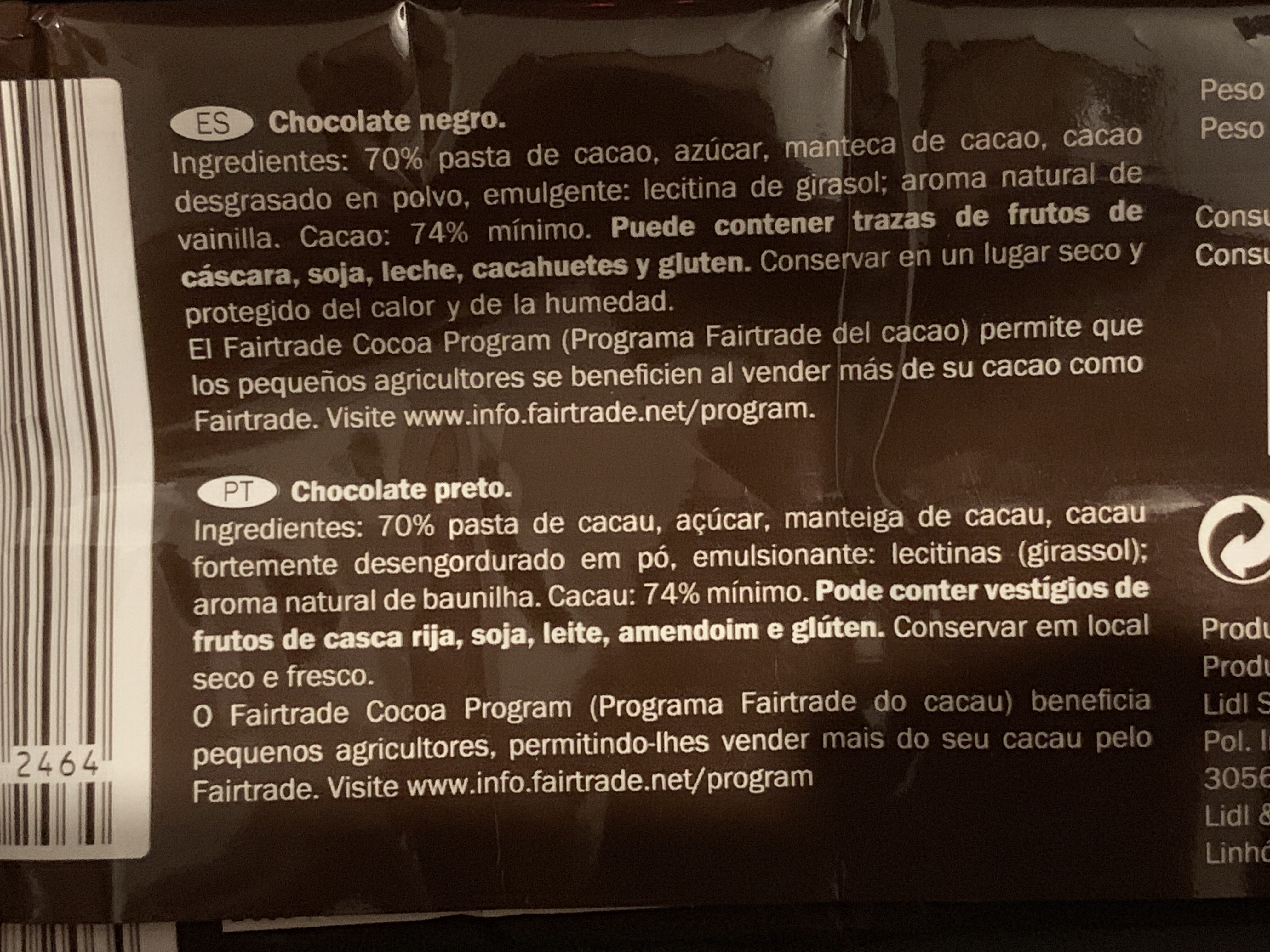 Chocolat noir Intense 74% cacao - Nutrition facts