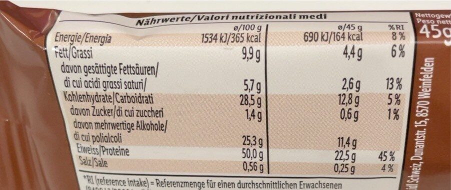 Chocolate brownie protein bar - Nutrition facts - de