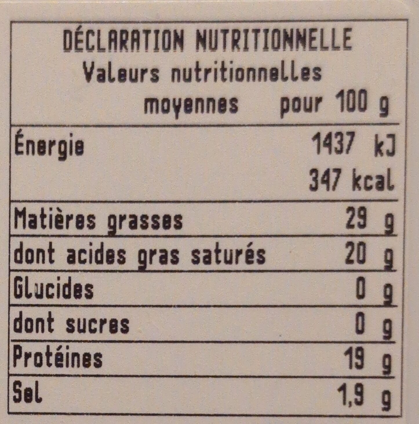 Gorgonzola AOP doux - Tableau nutritionnel