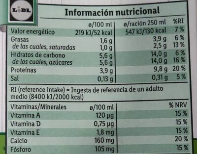 Leche Calcio - Informació nutricional - es