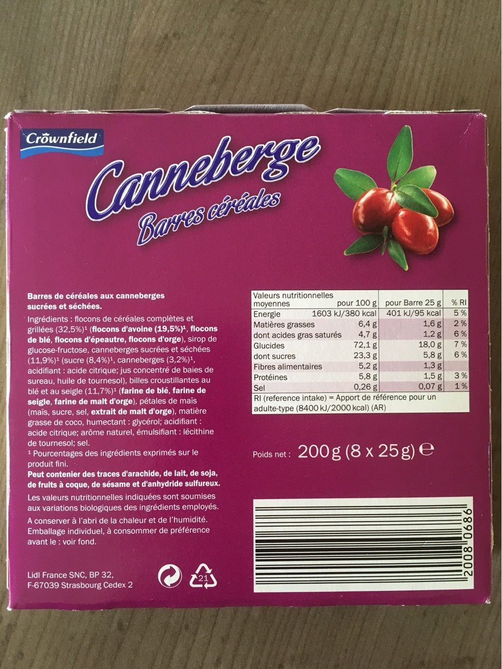 Muesli Bar Cranberry - Tableau nutritionnel