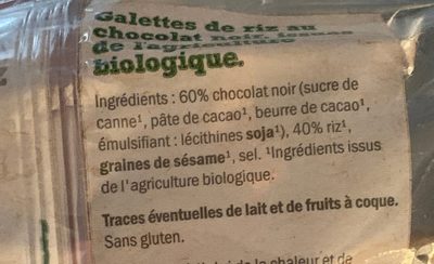Galettes de Riz au Chocolat Noir BIO - Ingrédients