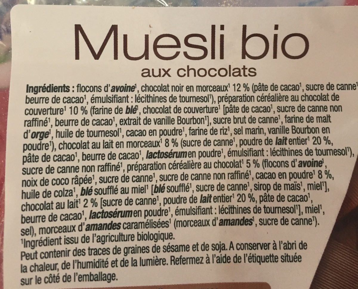 Muesli bio chocolat - Ingrédients