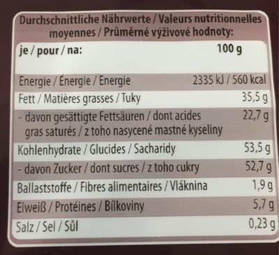Chocolat à la crème des alpes - Nutrition facts - fr