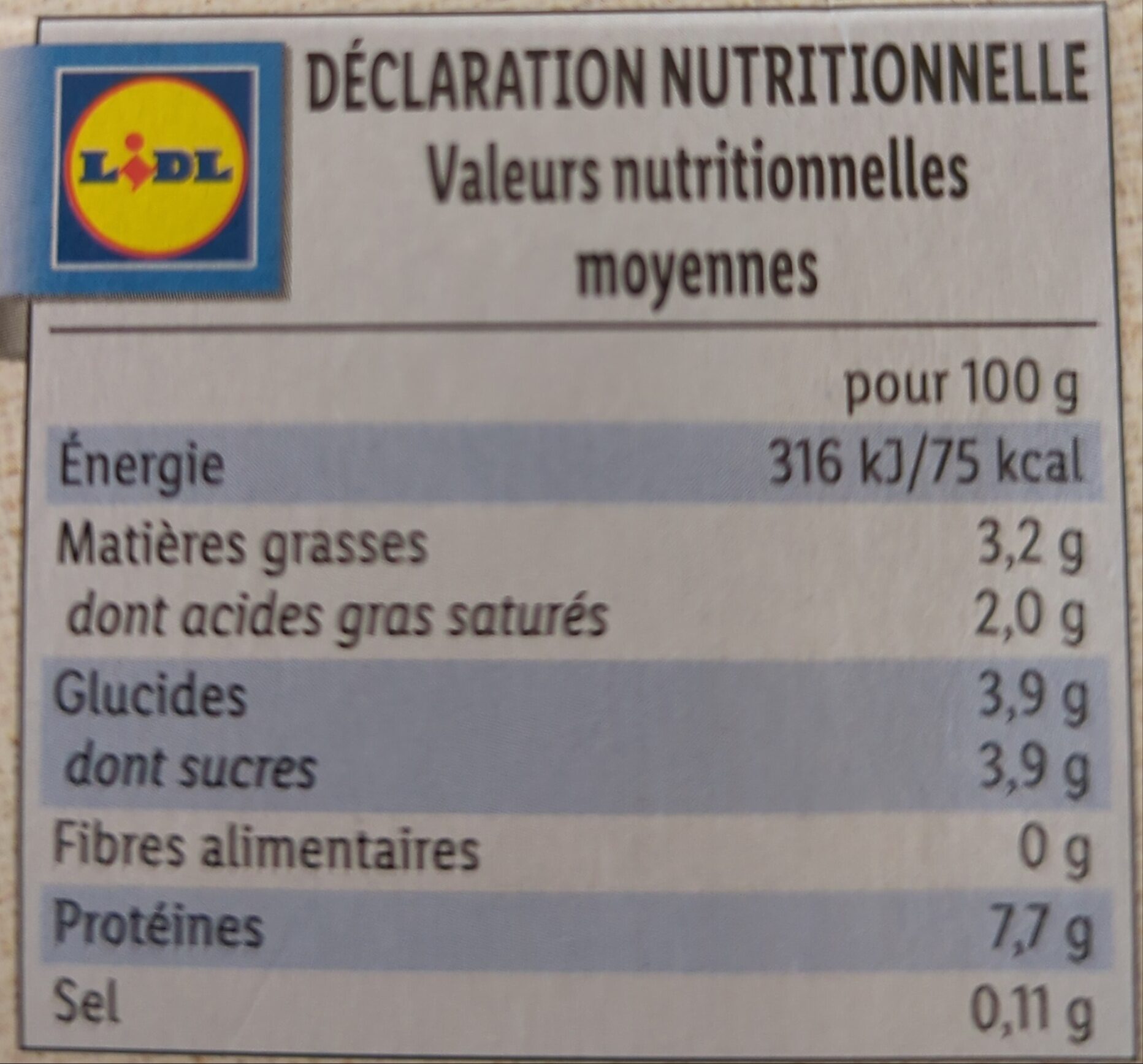 Fromage blanc 3,2% MG - Tableau nutritionnel