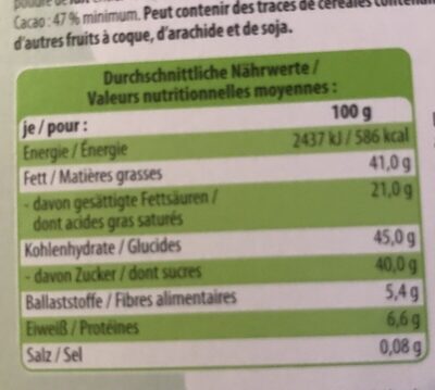 Bio Schokolade Haselnuss - Tableau nutritionnel