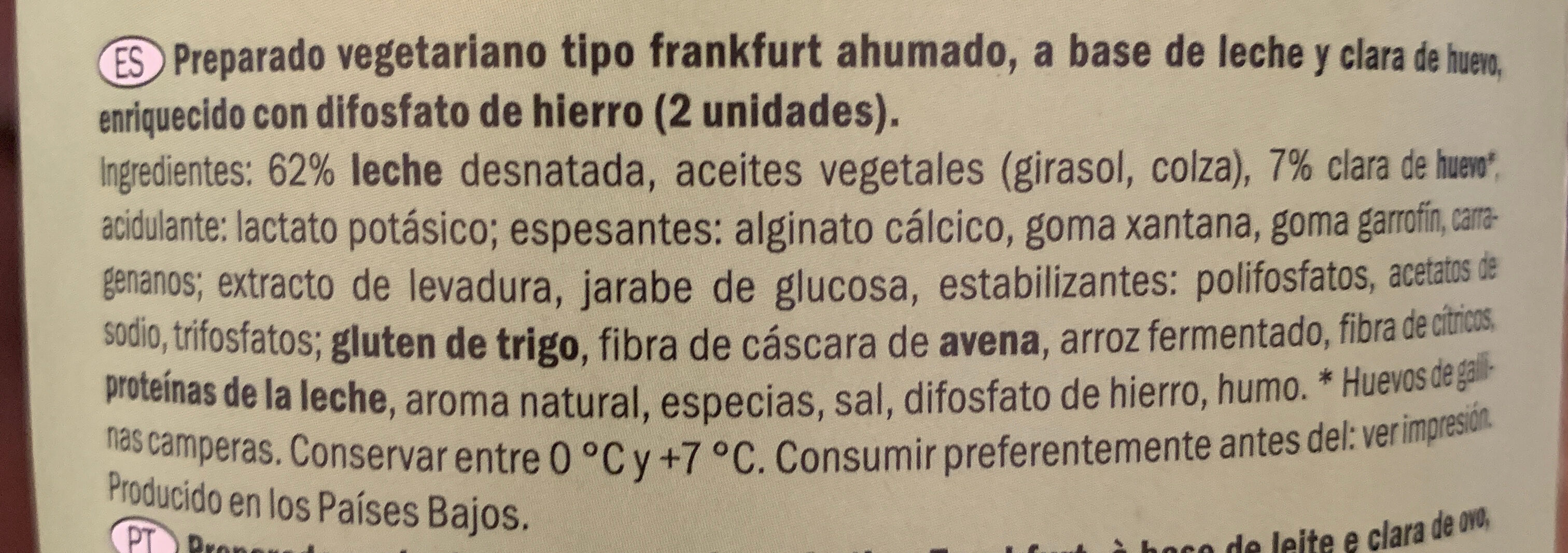 Preparado vegetariano tipo frankfurt ahumado - المكونات - es