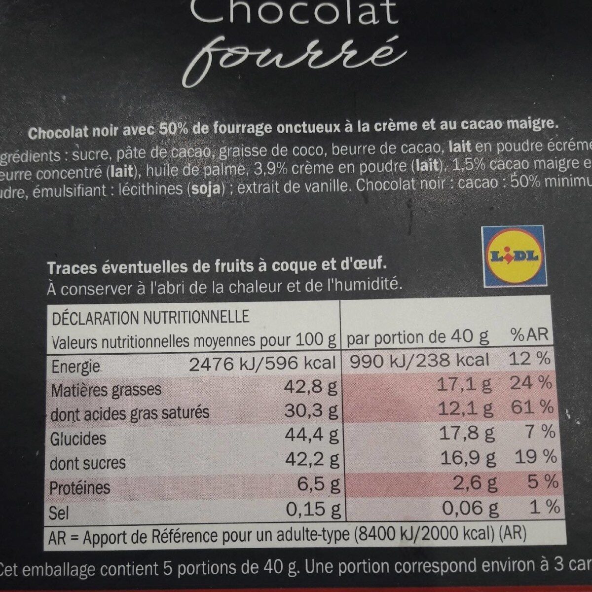 Chocolat fourré - crémeux cacao - Ingredients - fr