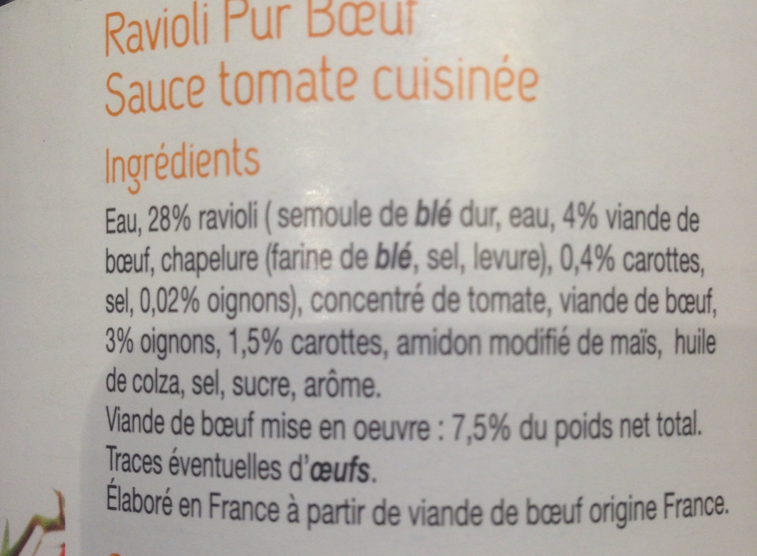Ravioli Pur Bœuf - Ingredients - fr