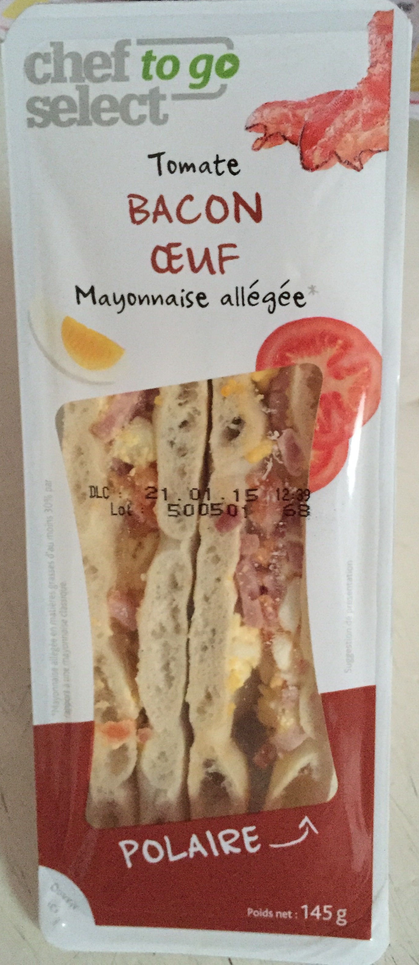 Sandwich polaire Tomate Bacon Oeuf Mayonnaise allégée - Chef Select to Go -  145 g