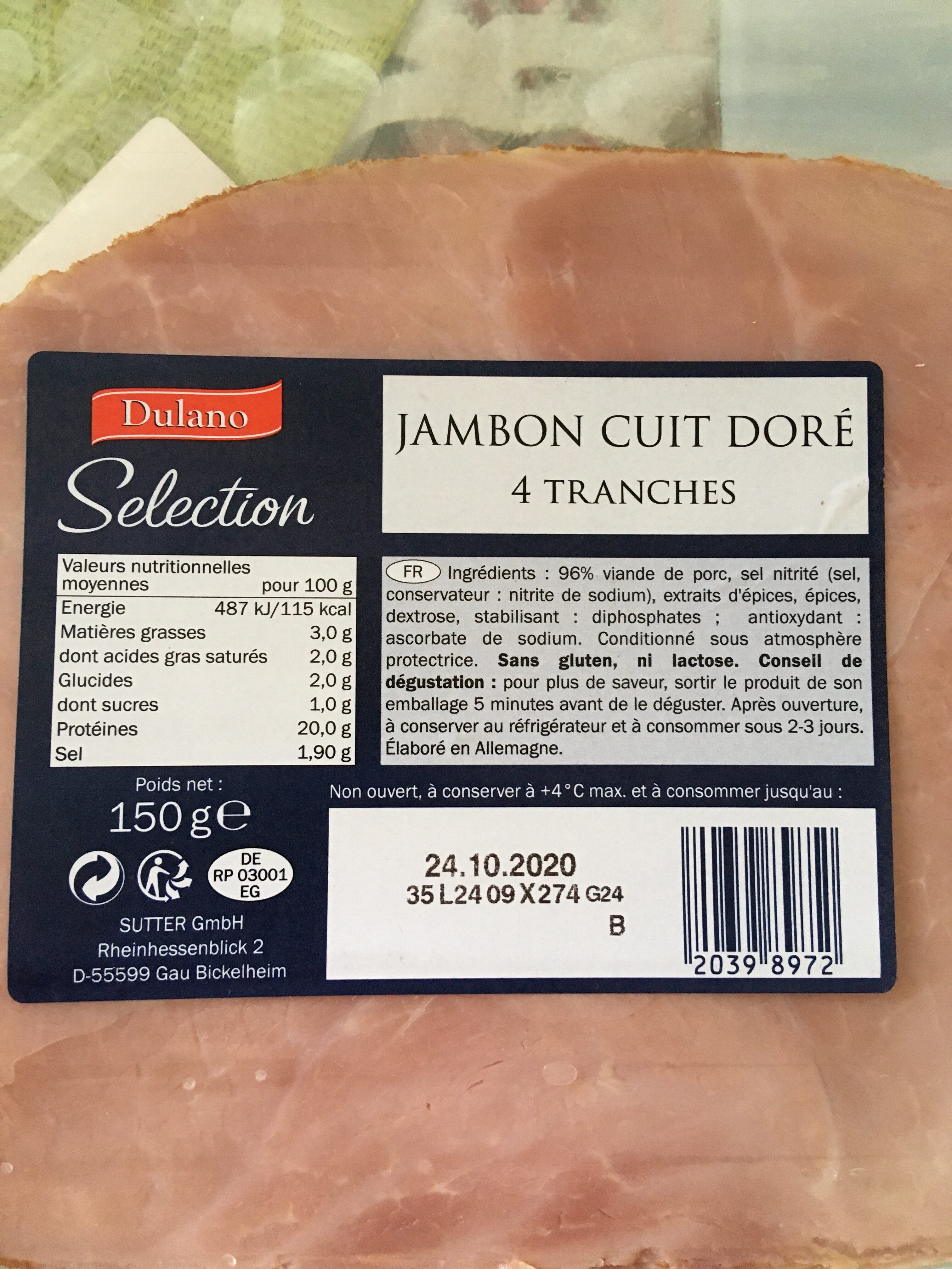Selection - Jambon cuit doré - Tableau nutritionnel