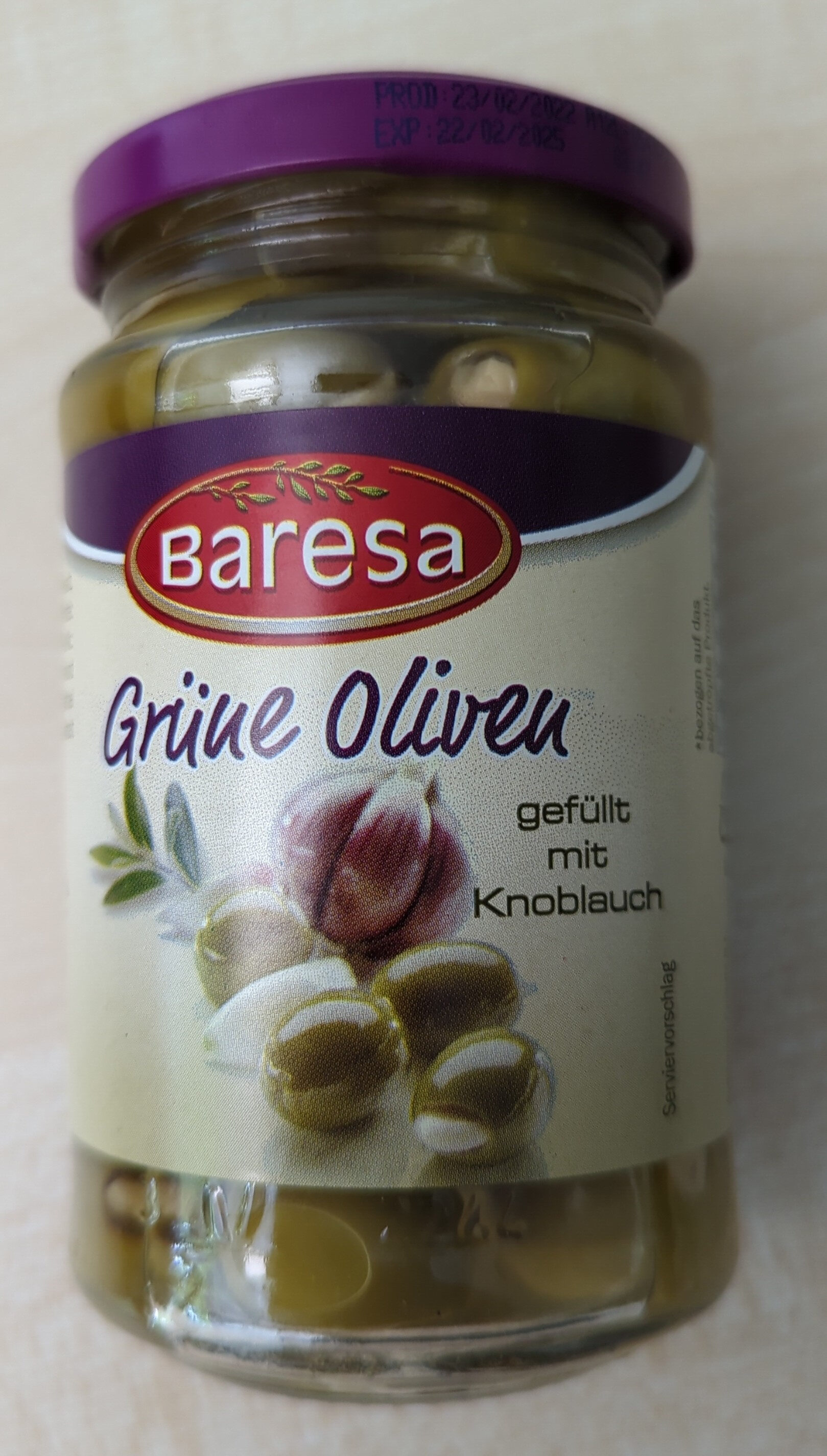 Glas Oliven grün gefüllt mit Knoblauch - Producto - de