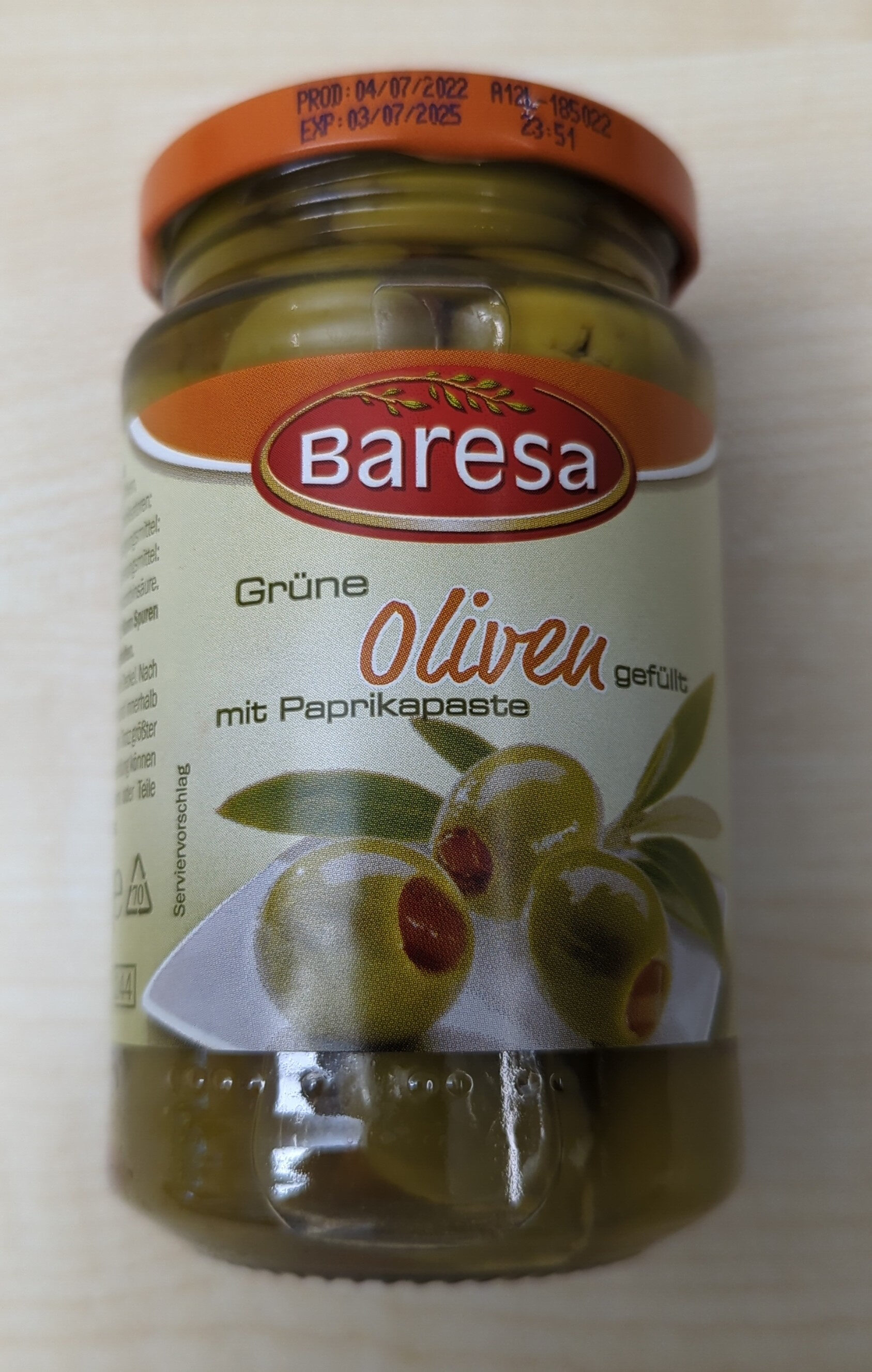Glas Grüne Oliven gefüllt mit Paprikapaste - Produkt
