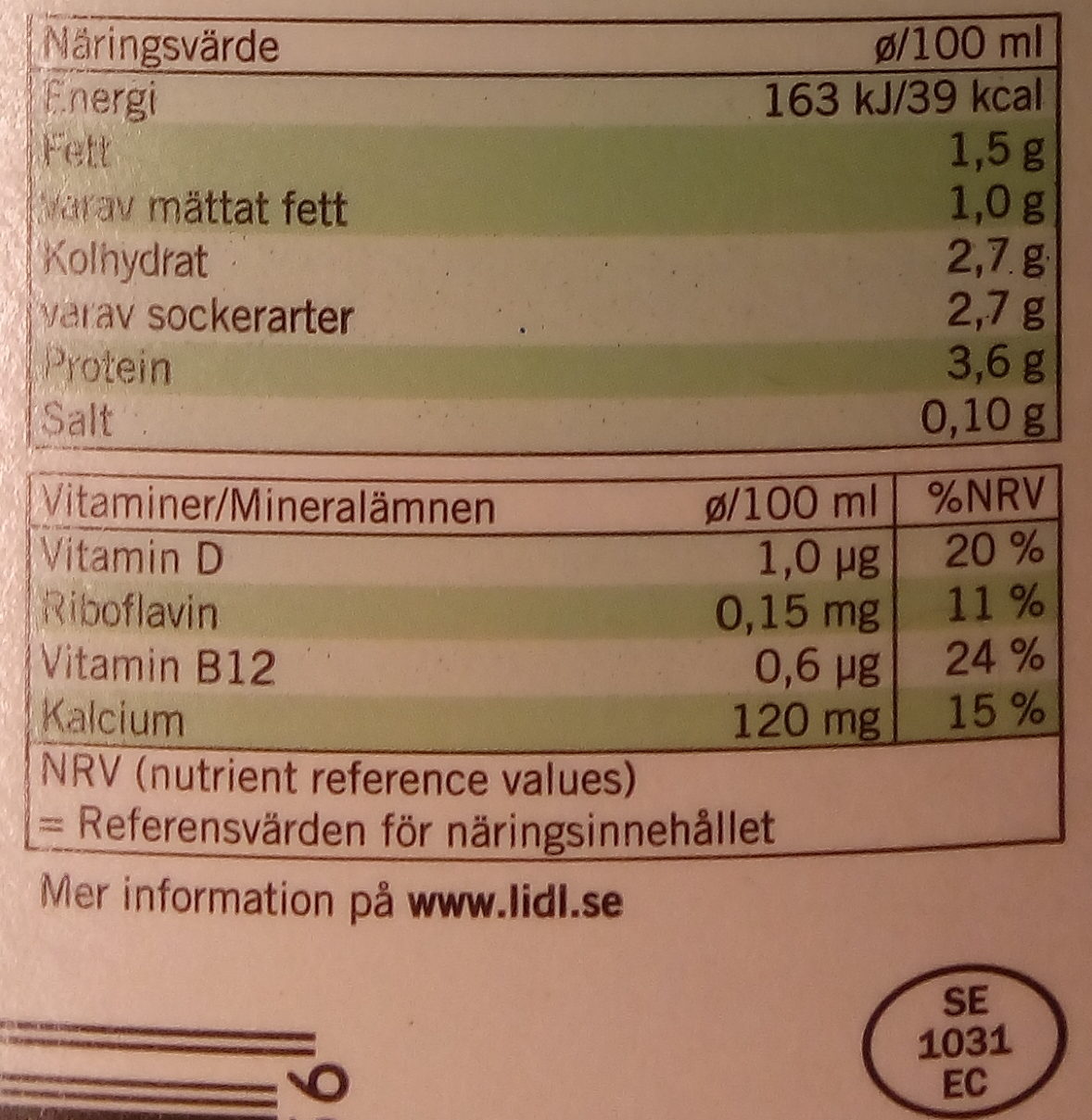 Ängens Laktosfri svensk mellanmjölkdryck - Näringsfakta