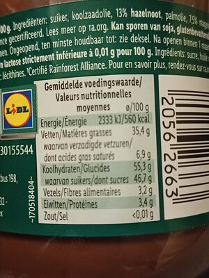 vegan hazelnootpasta - Nutriční hodnoty - nl
