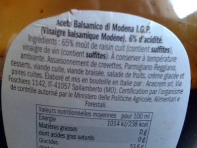 Aceto Balsamico Di Modena, I. G. P. - Ingredientes - fr