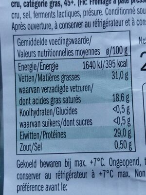 Emmentaler suisse - Tableau nutritionnel