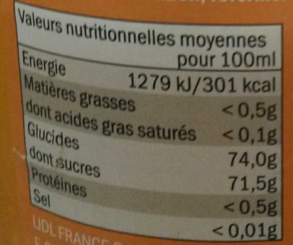 Sirop d'Orange - Tableau nutritionnel