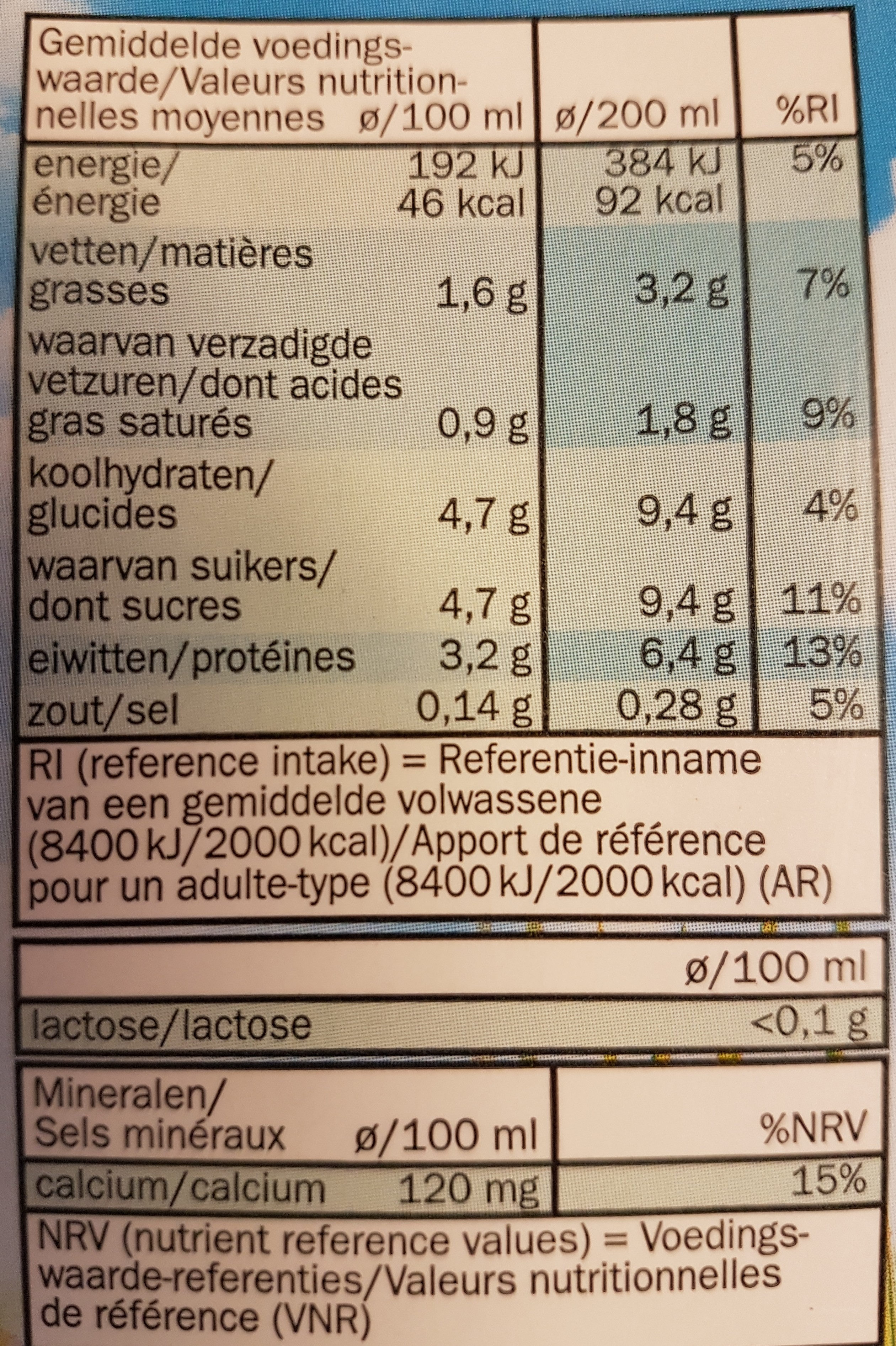Lait demi-écrémé sans lactose - Voedingswaarden - fr