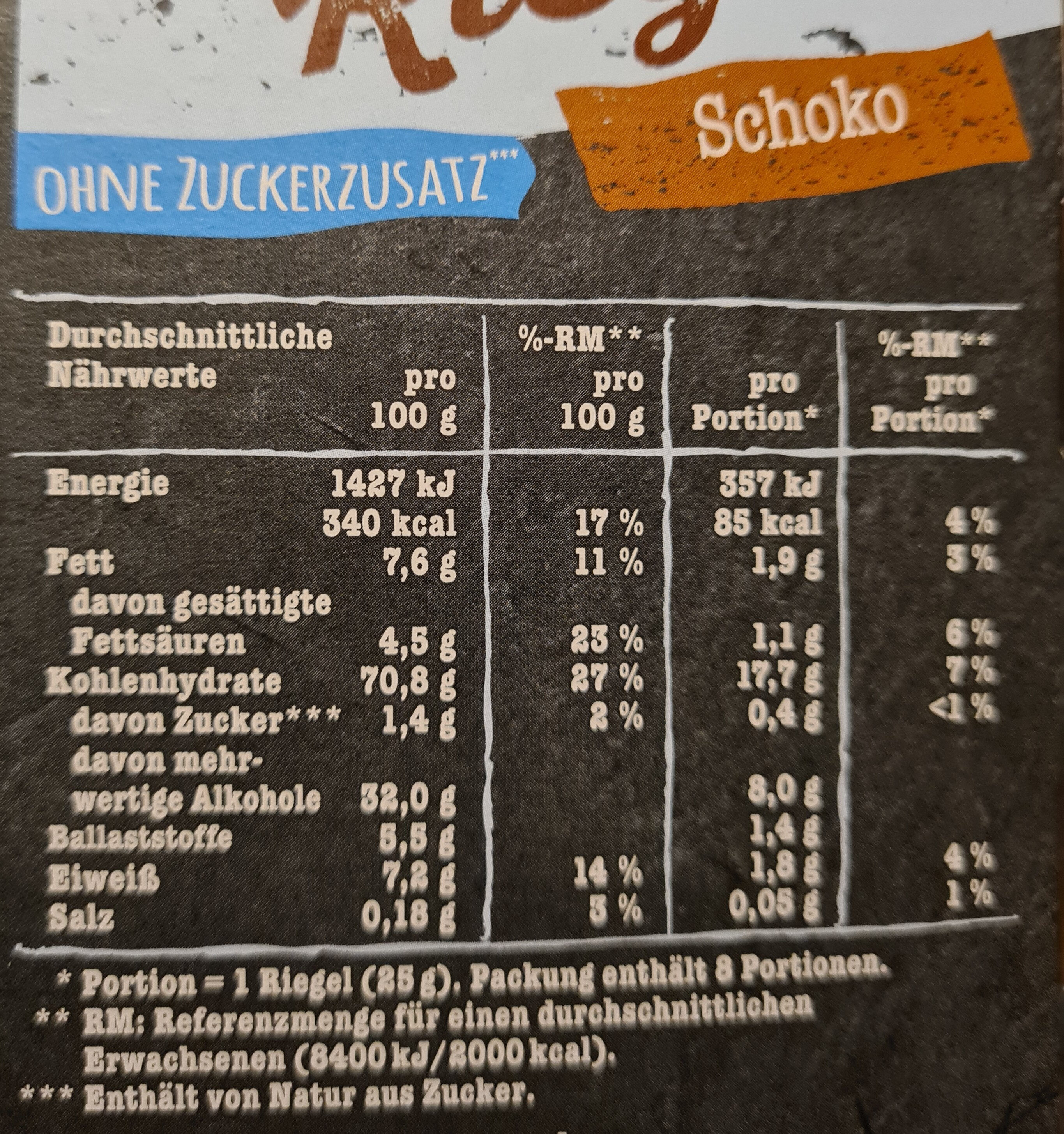 Müsli Riegel Schoko ohne Zuckerzusatz - Nährwertangaben
