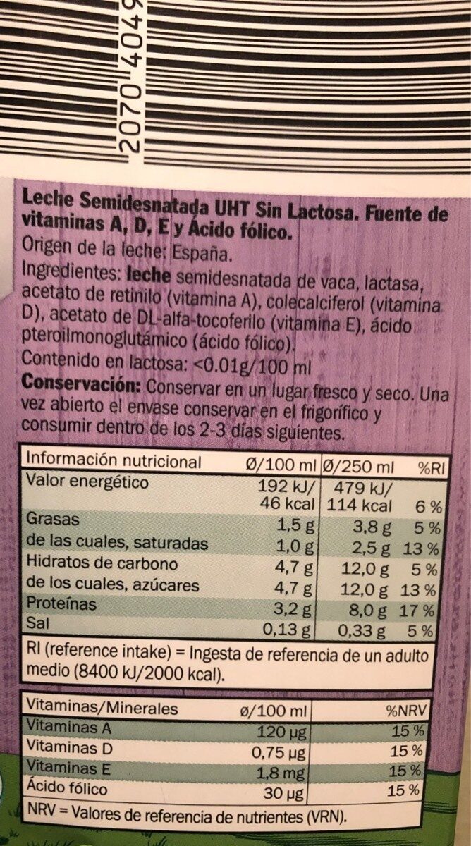Leche uht sin lactosa semidesnatada - Valori nutrizionali - es