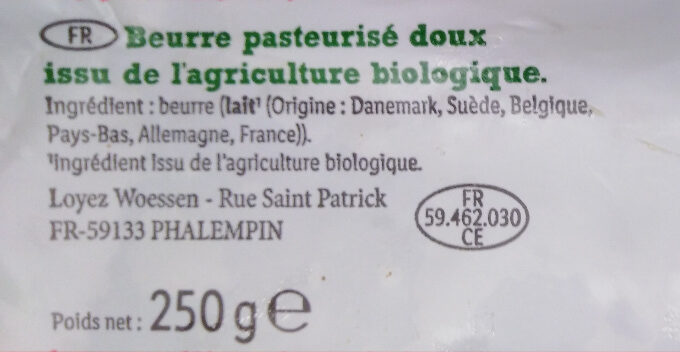 Beurre bio doux 250g - Ingrédients