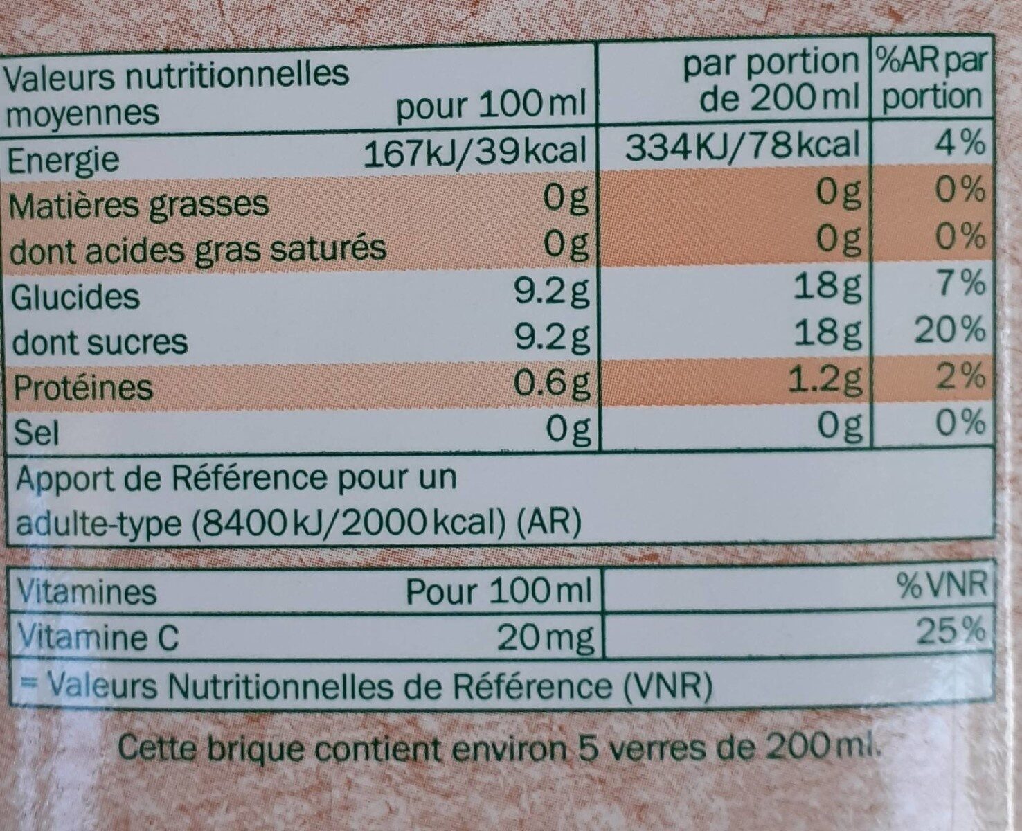 Pur jus d'orange - حقائق غذائية - fr
