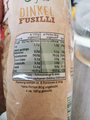 Bio Dinkel Fusilli - Tableau nutritionnel - de
