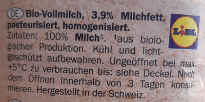Bio Organic Voll Milch 3.9% Fett - Ingredienti - de