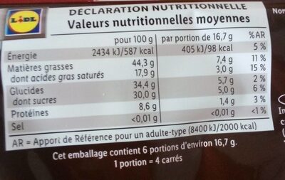 Chocolat noir noisettes entières - Tableau nutritionnel