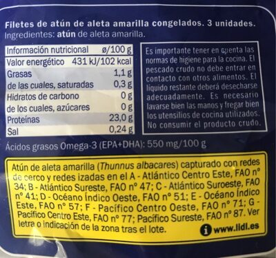 Filetes de atun - Informació nutricional