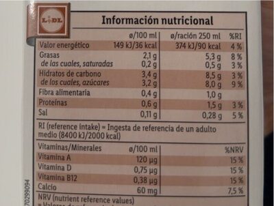 Bebida de avellanas (calcio) - Valori nutrizionali - es