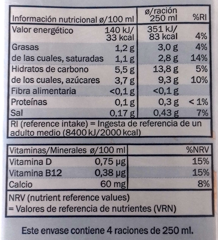 Bebida de coco - Información nutricional