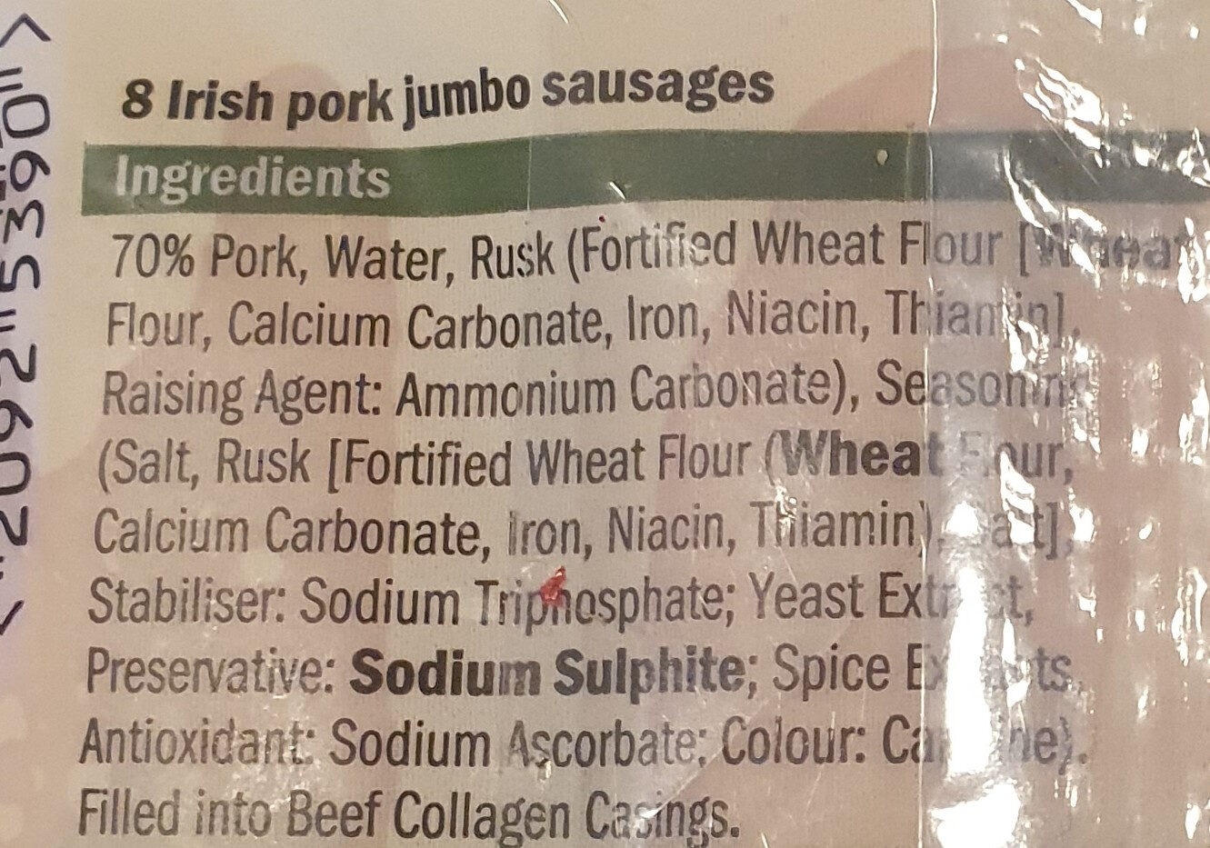 Irish Jumbo Pork Sausages - Ingredients