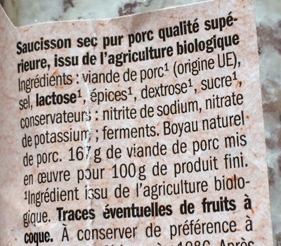 Saucisson sec Bio - Ingredients
