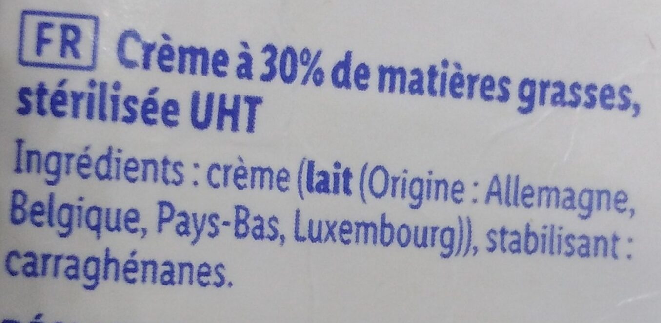 Crème entière liquide 30%MG - Ingrédients