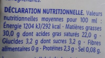 Crème entière liquide 30%MG - Tableau nutritionnel