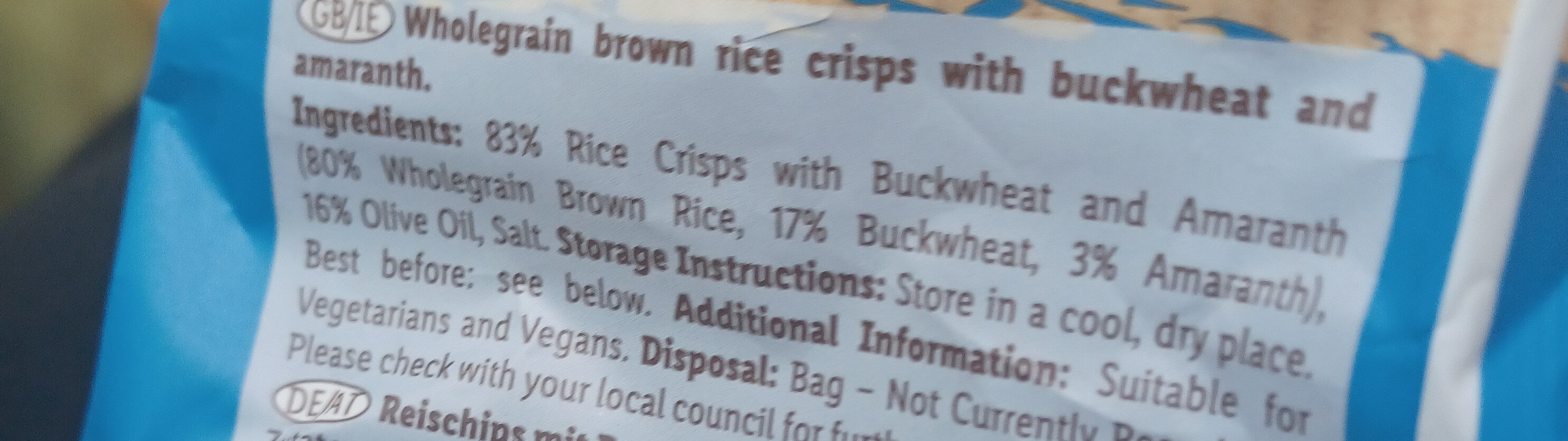 Brown Rice Crisps Buckwheat & Amarath - Ingrediënten - en
