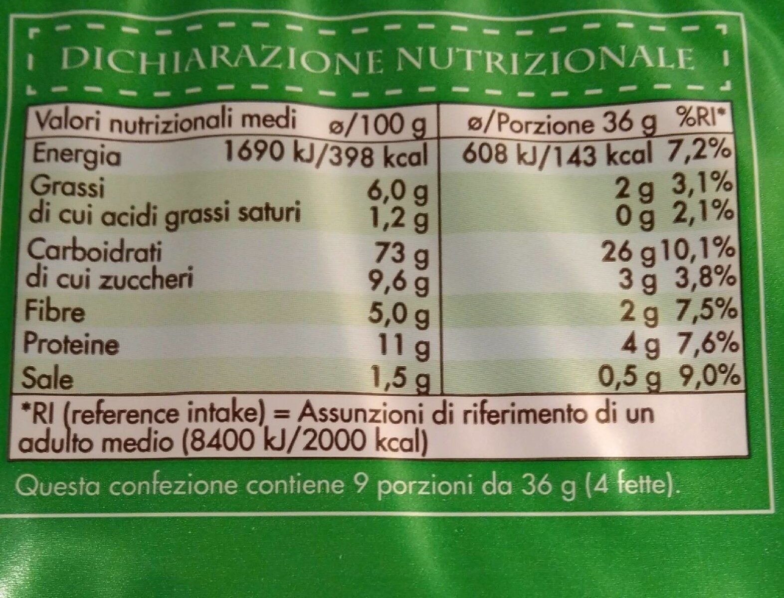 Fette biscottate Certossa - Valori nutrizionali