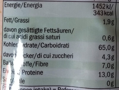 Nudeln Bio-Organic Vollkorn-Spaghetti - Nährwertangaben
